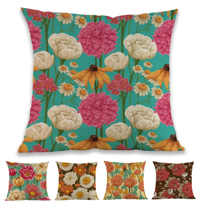 

Льняная Подушка-чехол в стиле ретро с цветами, хризантемой, цветными цветочными узорами, украшение для дома, дивана, стула, автомобиля, наволочка