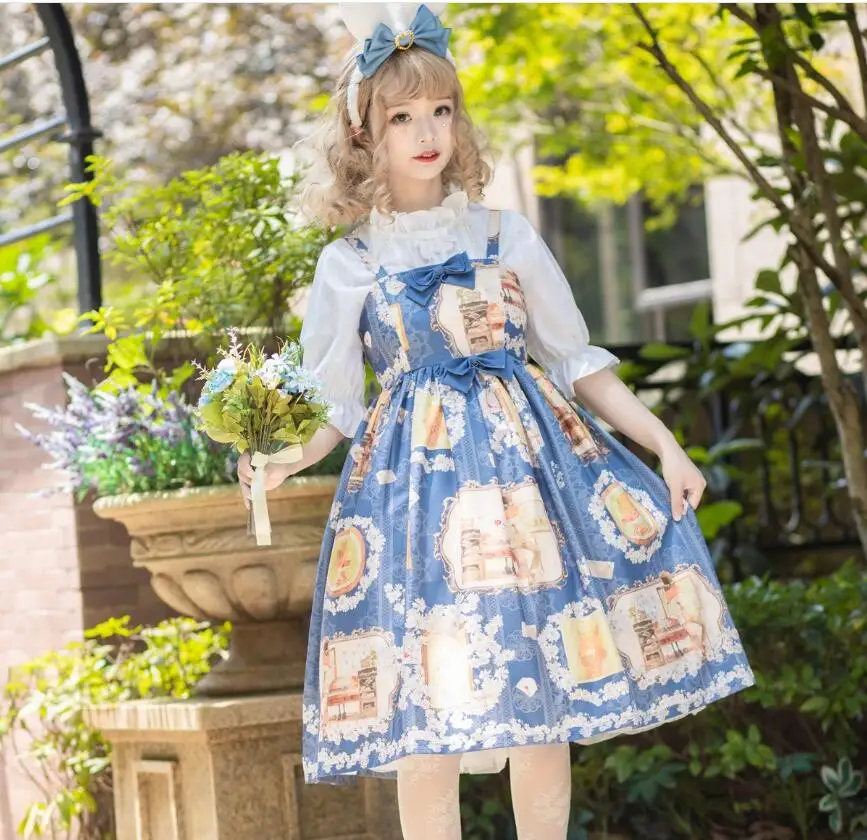 Японский женский Harajuku милое платье jsk платье на подтяжках милое платье с принтом Лолита свежее платье принцессы Kawaii Вечерние платья