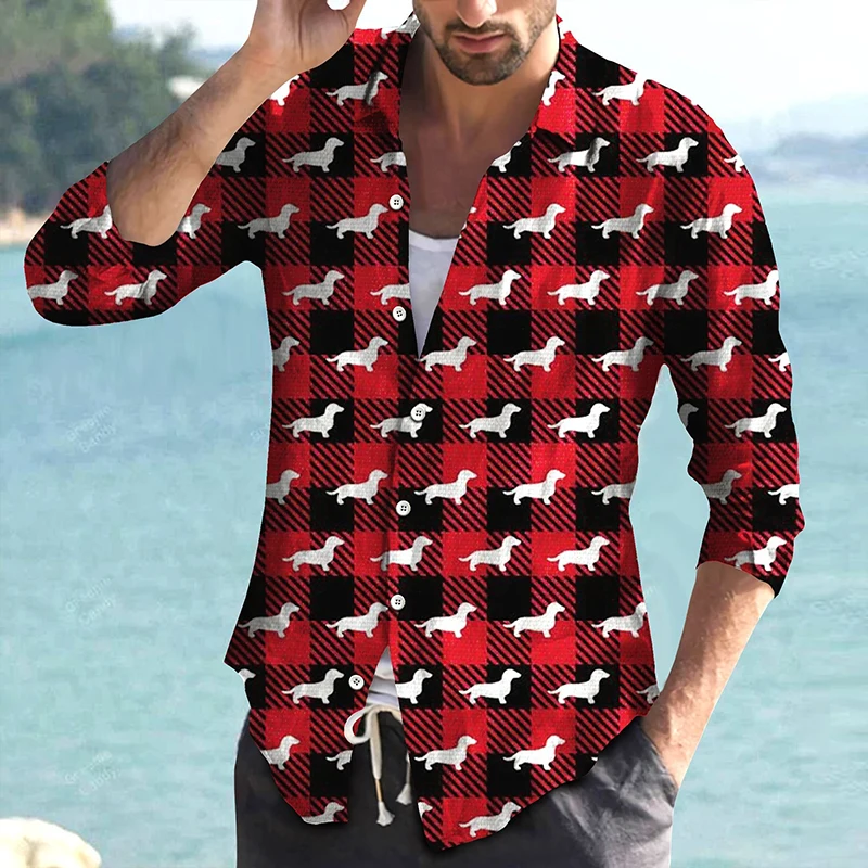 

Christmas Red Plade Animals Cute Dog Puppy Men's Long Sleeve Custom Design Casual Shirt