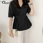 Блузка Celmia женская с запахом и V-образным вырезом, топ с коротким рукавом и баской, повседневная плиссированная рубашка, модная туника с открытыми плечами, лето 2021