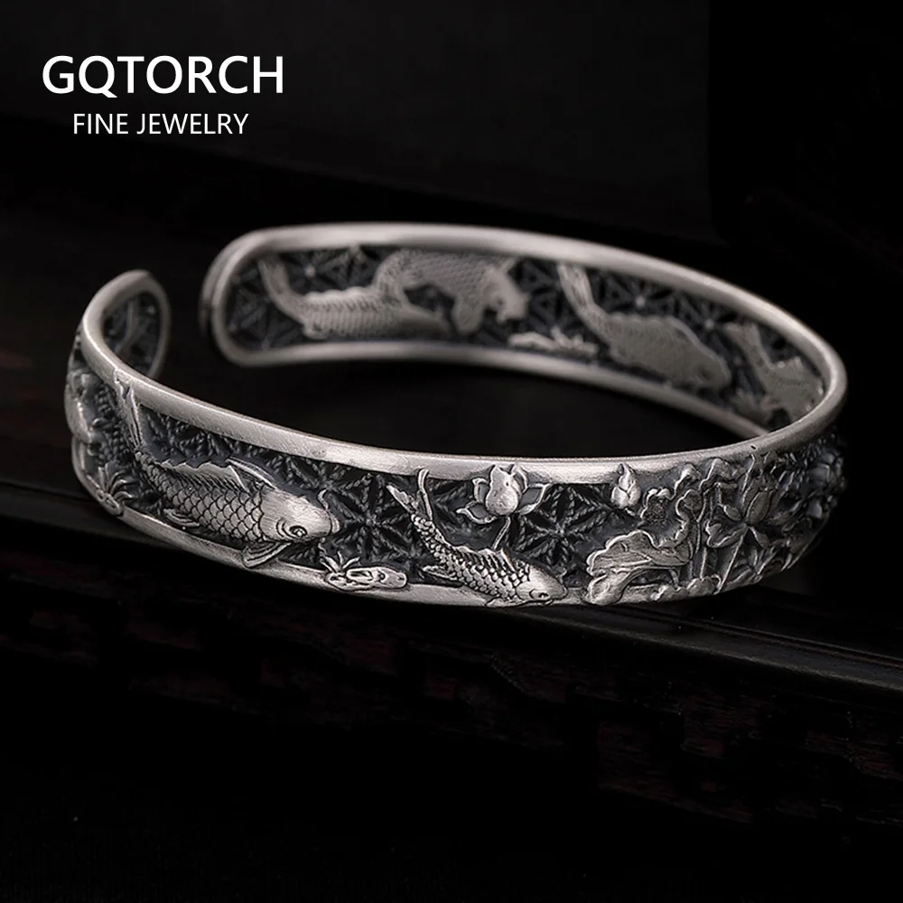 

Real Pure 999 Sterling Silver Bangles Carved Fish and Lotus Hollow Design Cuff Bracelets for Women Luxury Jewelry