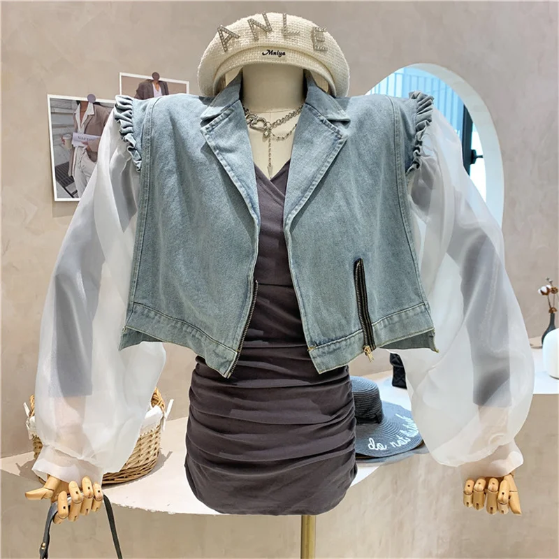 

NEW Niche Design Women's Clothing 2021 Autumn Small Design Sense Mesh Stitching Long-sleeved Denim Short Jacket Retro Top Coat