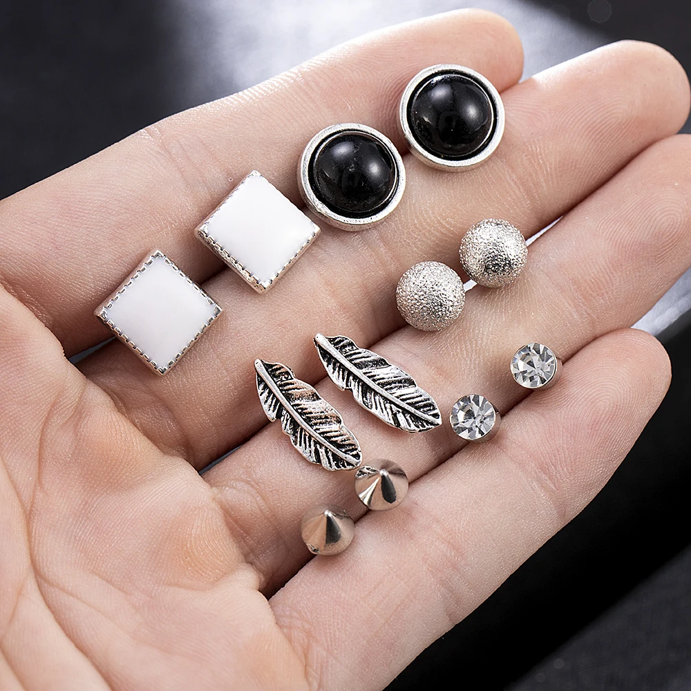 6 пар/кор. модная черная белая кристальная металлическая форма листа серьги набор