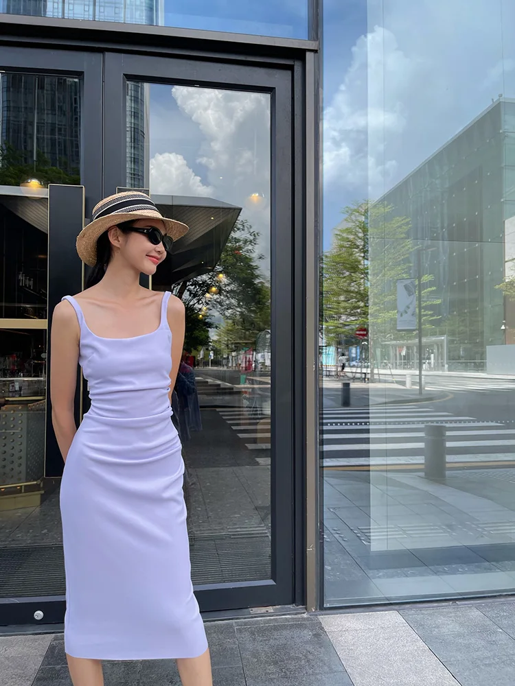 

Niche Light Purple Long Square Neck Waist Fold Tight Elastic Hip Wrap Dress