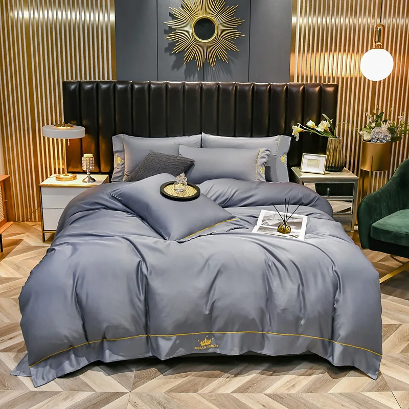 

4Pcs Pink Bedding Set Satin Embroidery Duvet Cover Set with Bed Sheet 2Pillowcases Summer Cool Queen King Home Textiles