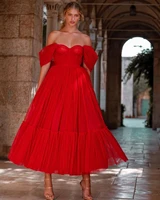 red puffy tulle prom dress a line sexy off shoulder ankle length evening gowns sweetheart open back prom party wear for gilrs