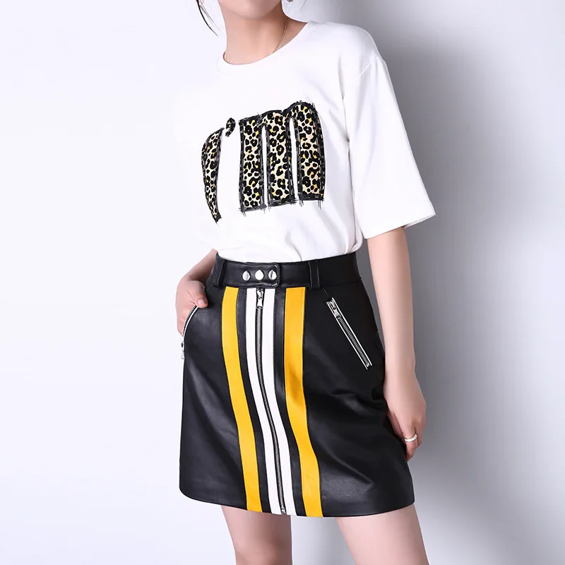

Real Genuine Leather Skirt High Waisted Women Korean Bodycon Patchwork Casual Party Sexy Sheepskin Clothes Aline Mini Skirts