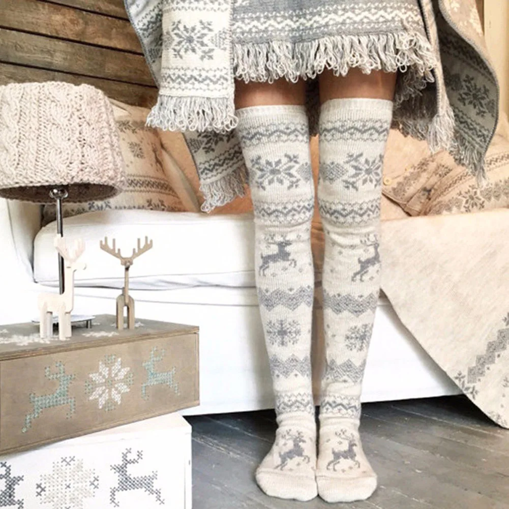 

Newly Women Christmas Knitted Stockings Thickened Thigh High Over Knee Long Snowflakes Elk Pattern Socks m99