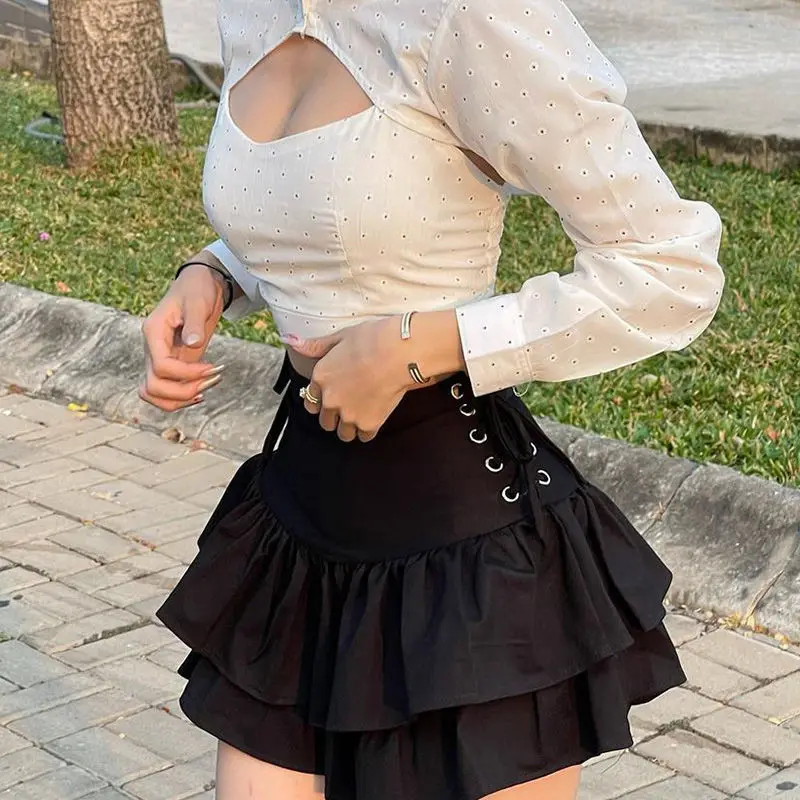 

y2k Vintage High Waist Summer Short Skirt Sexy Hollow Black Ruffled A-line Woman Skirts Solid Kawaii Goth Mini Micro Skirts emo