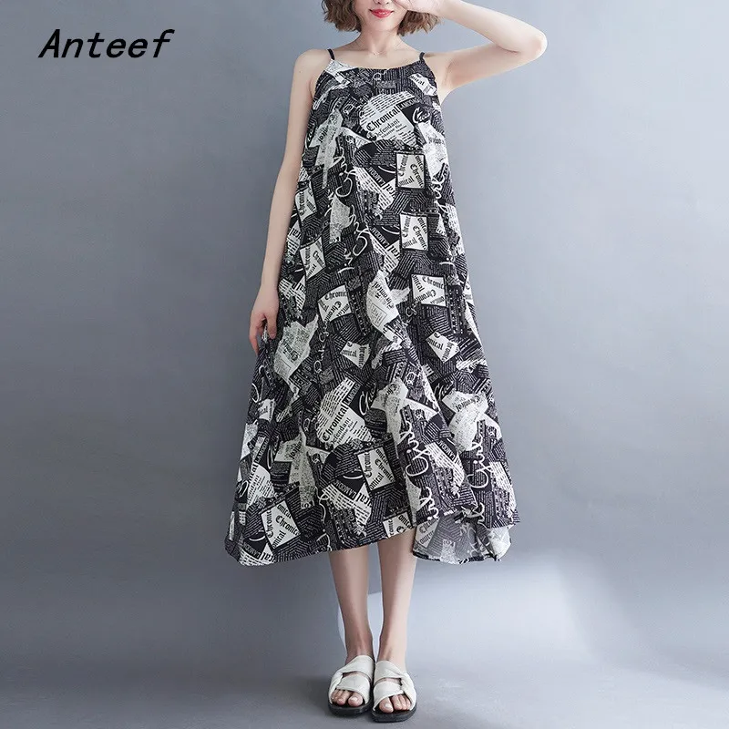 

sleeveless strap vintage newspaper print dresses for women casual loose long woman summer dress elegant clothes 2021