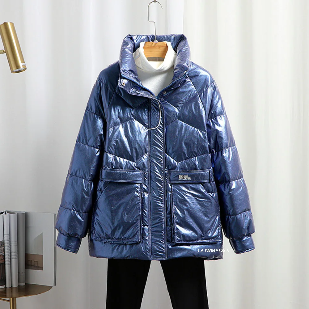 

2021 New Winter Down Parka Glossy White Duck Down Jackets Women's Loose Warm Hooded Bright Coat Snow Clothes Female Down Coats