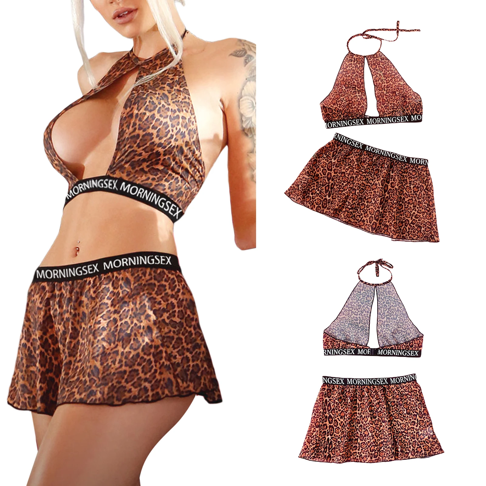 

Fashion Women Lingerie Set Leopard Print Hollow-Out Halter Neck Backless Tops + Middle-Waits Skirt for Girls