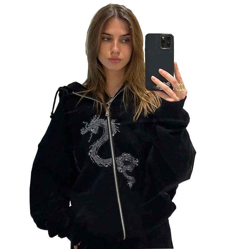 

Dragon Pattern Casual Loose Zipper Up hoodies Fashion Autumn Streetwear Long Sleeve Black Overside Sweatshirt For Women's