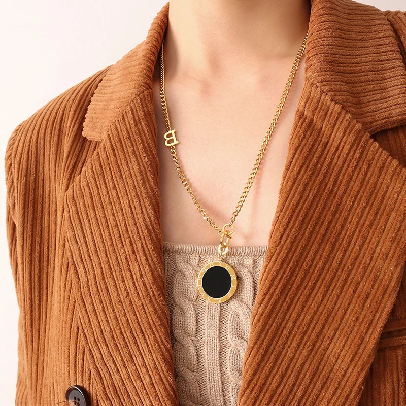 Stainless Steel Ins Roman Style Digital Double-sided Pendant Sweater Chain Plated Gold For Women's Accessories Jewelry Christmas |