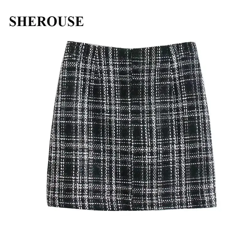

Sherouse Women Fashion Plaid Elastic Waist Mini Skirt Vintage Back Zipper High Waist Chic Lady Female Skirts