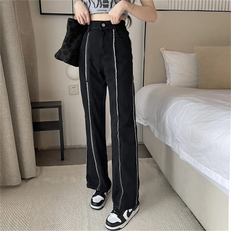 

Harajuku Style Jeans Trousers Retro Fashion Bright Line Design Denim High Waist Straight Loose Casual Black Cowboy Women's Pants