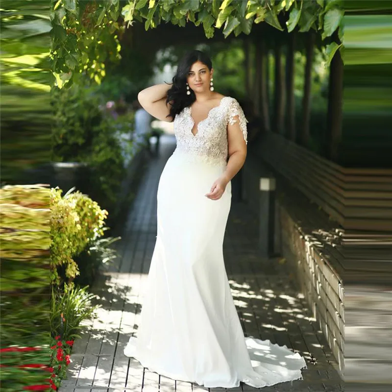 

Кружевное свадебное платье-Русалка с аппликацией, женское Белое Облегающее платье невесты с коротким рукавом, простое садовое платье