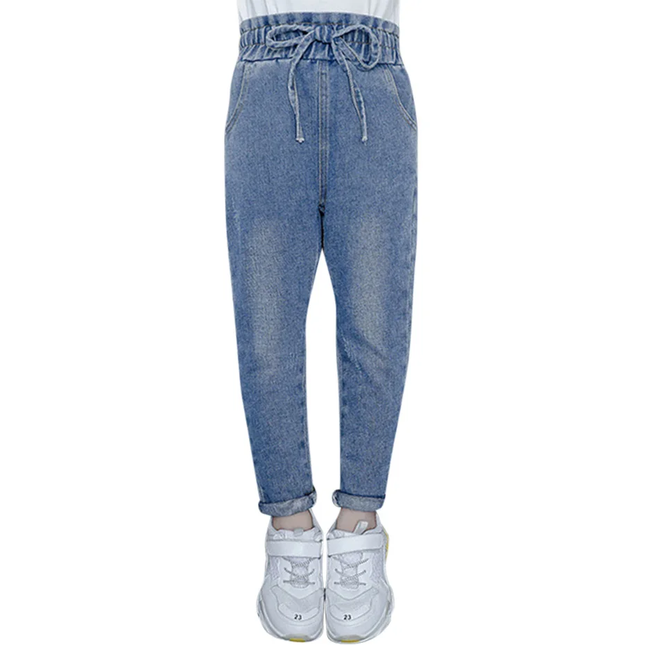 Джинсы для девочек повседневные потертые джинсы детские с эластичным поясом и