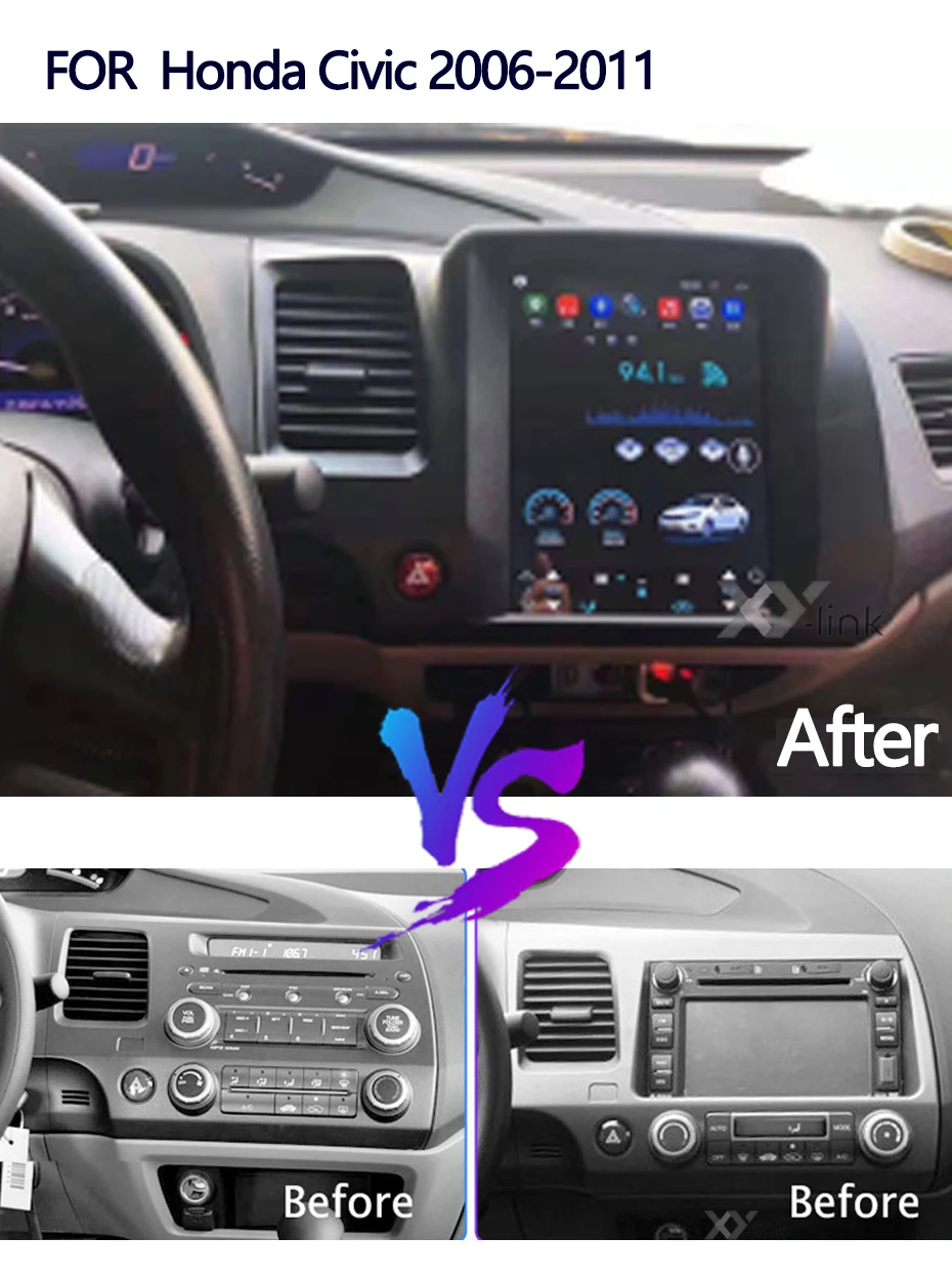9.7-дюймовый мультимедийный плеер с Android 10.0 и экраном в стиле Tesla для автомобиля Honda Civic 2006-2011 с навигацией GPS, радио и аудио без 2DIN.
