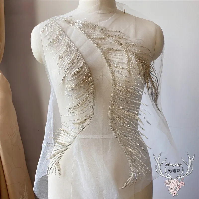 

Gold thread Sequin Silver Bead large flower applique wedding dress evening dress decorative lace applique