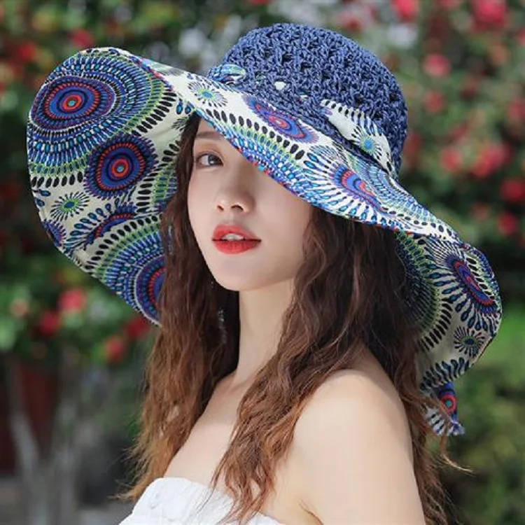 

Summer Flowers Straw Hat Women Big Wide Along The Beach Hat Bow Fisherman's hat Sun Hat Sunscreen UV Resistant Panama Sun Cap