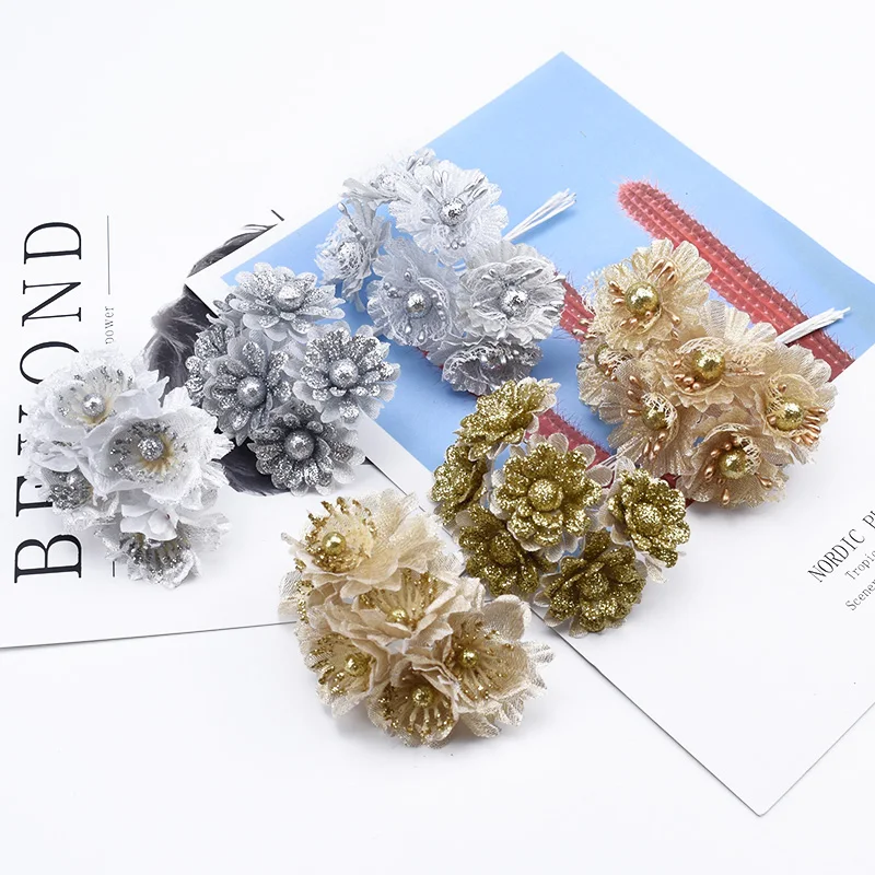 6 шт. Скрапбукинг Рождественские декоративные цветы венки золотые серебряные