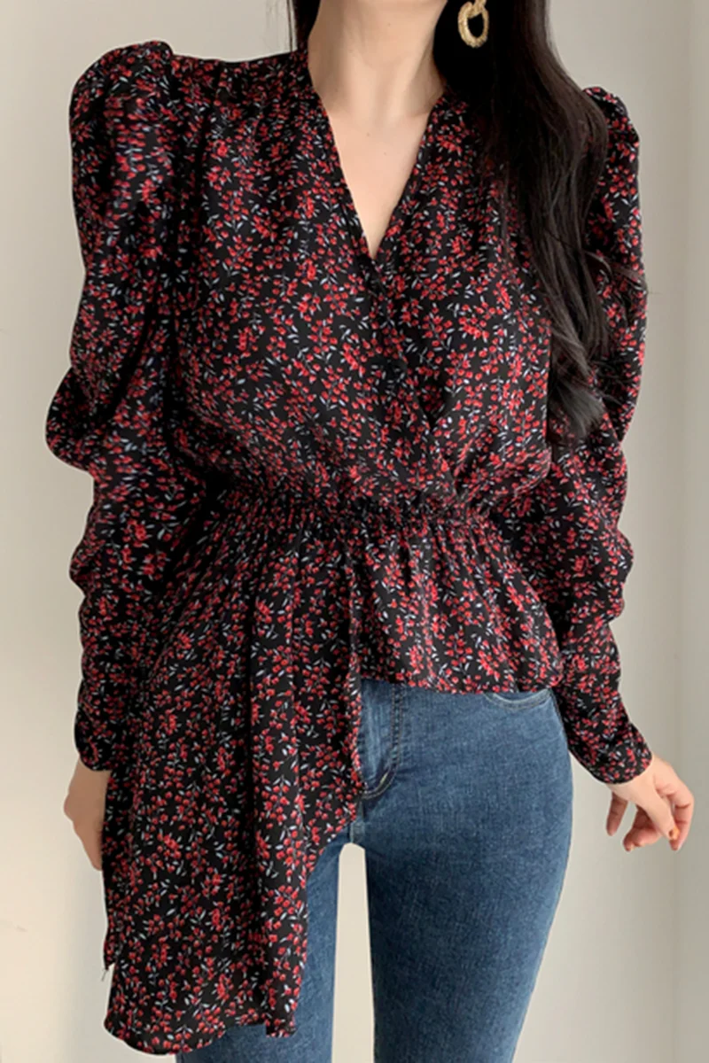 

Women Floral Printed OL Blusas Casual Autumn Female Y2K Irregularity Blouses Loose Tees Tops Workwear Office Lady Shirts S216