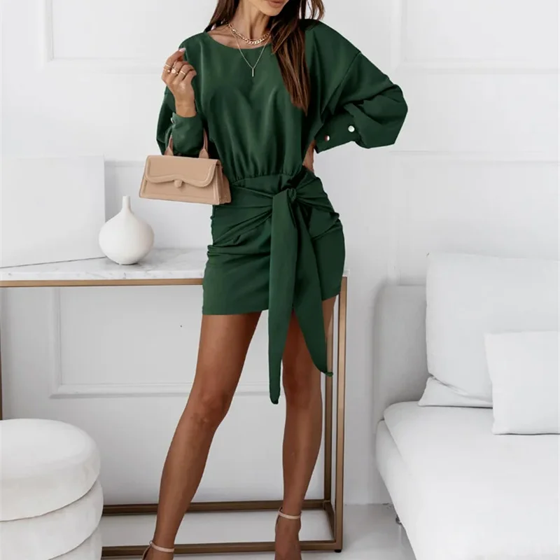 

Женское осеннее офисное платье с длинным рукавом, облегающее однотонное мини-платье с круглым вырезом и поясом для вечерние, Клубная одежда...