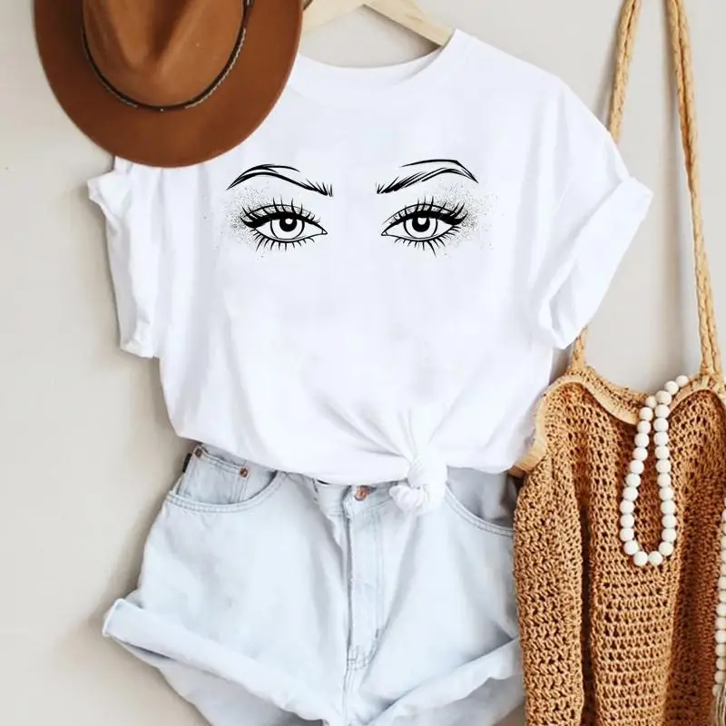 

Women Make Up Letter Funny New Eye Eyelash Fashion Cartoon Summer Lady Print Tee Graphic T Top Female Tshirts Clothes T-Shirt