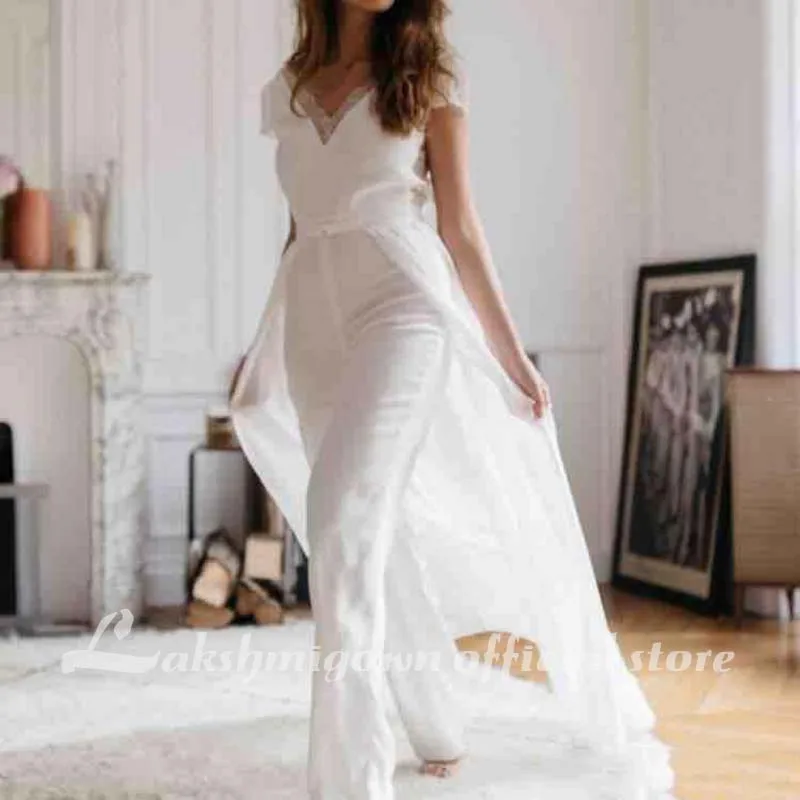 Кружевной комбинезон свадебные платья со съемным шлейфом 2020 с V образным вырезом