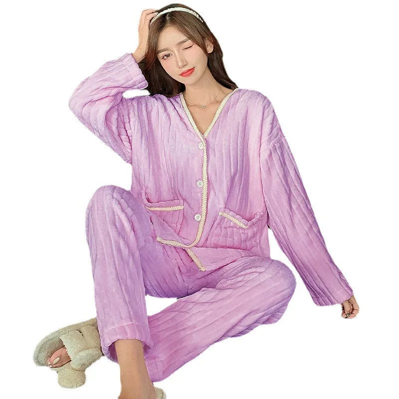 Fall and Winter Pajamas Flannel Suit 2 Piece Women Long Sleeve Sweet Wind Coral Fleece Home Women Loungewear  Sleepwear Women
