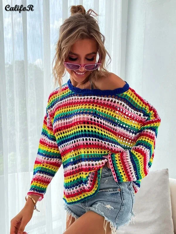 

Classic Stripes Knit Women's Sweater Hollow Oversize Women's Clothing Ladies Sweaters Long Sleeve Pullover Loose Short Sweater