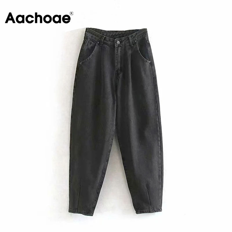 

2022 Aachoae Women Streetwear Pleated Mom Jeans High Waist Loose Slouchy Jeans Pockets Boyfriend Pants Casual Ladies Denim