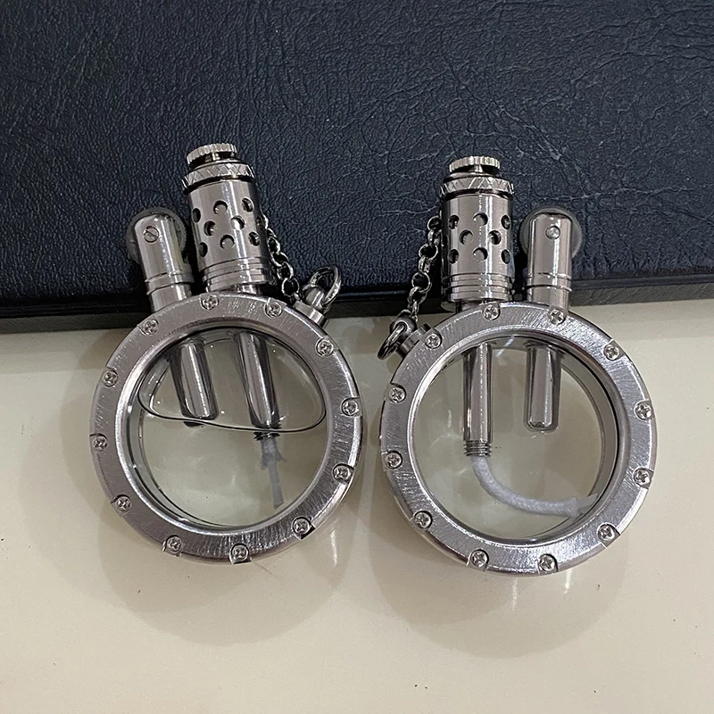 Hecho a mano de cobre puro mechero de queroseno transparente Visible tanque de aceite ronda colecci&oacute;n antigua de los hombres de fumar regalo-2