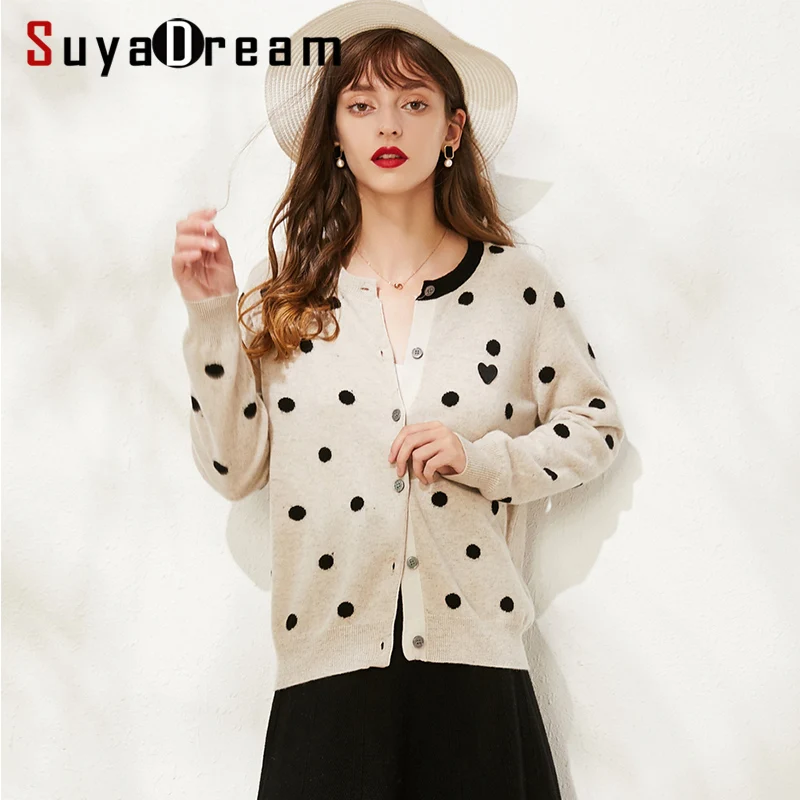 SuyaDream/женские шерстяные кардиганы в горошек с круглым вырезом 100% шерсть