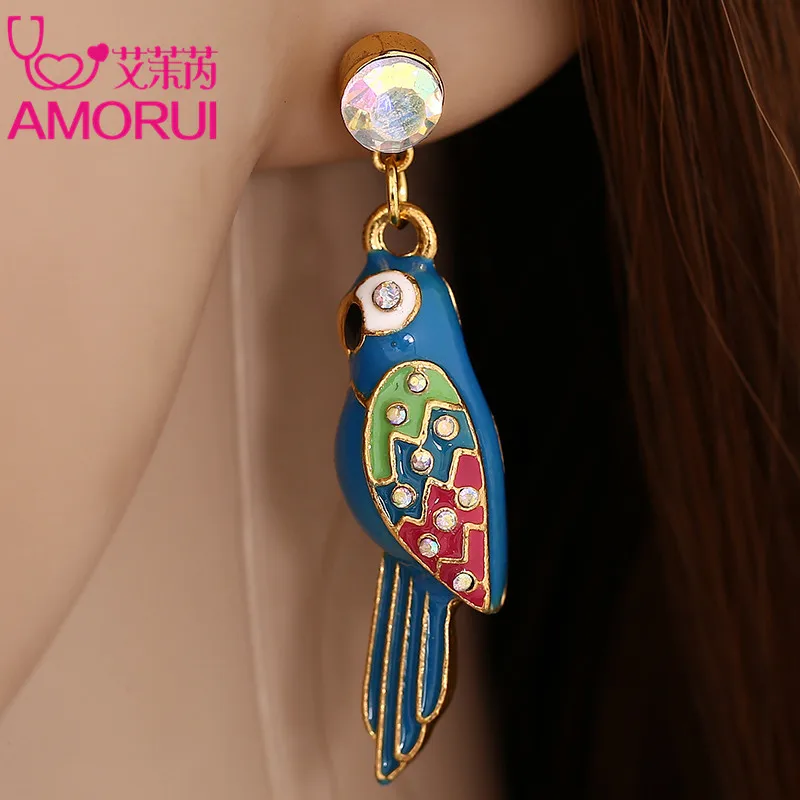 AMORUI Женские Висячие серьги ювелирных изделий синий эмалевый попугай золото Цвет