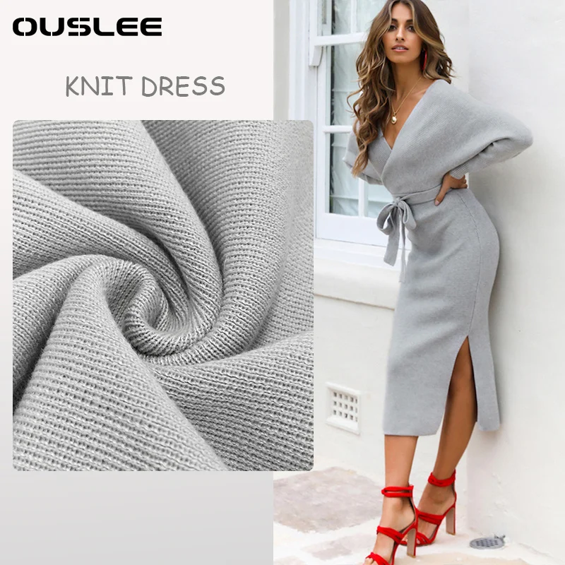 

OUSLEE 2021 Spring New Women Knitted Sweater Dress Korean Style Batwing Long Sleeves V Neck Elegant Dresses Ladies Bandage Dress