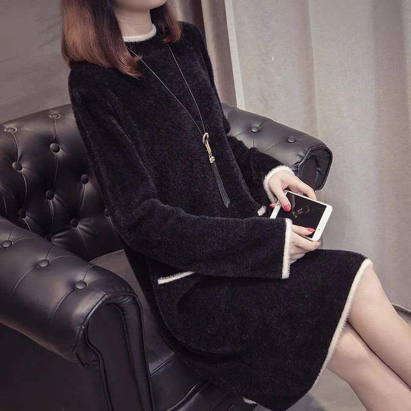 Женский вязаный пуловер свитер платье новая мода имитация воды бархатное