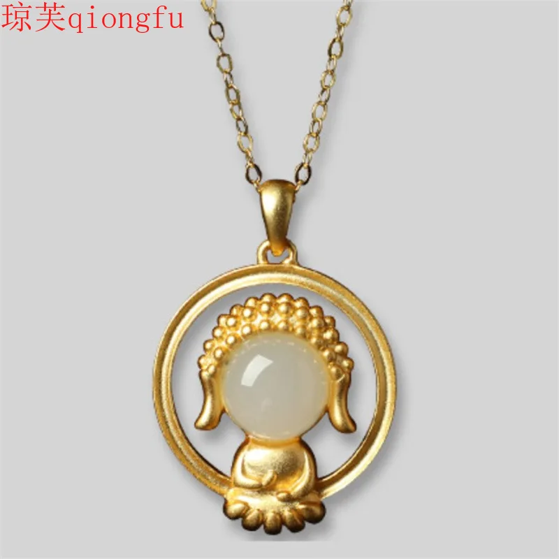 

Buddha pendant ancient method sand face gold non-phase Buddha necklace Hetian white jade jasper gold necklace for women