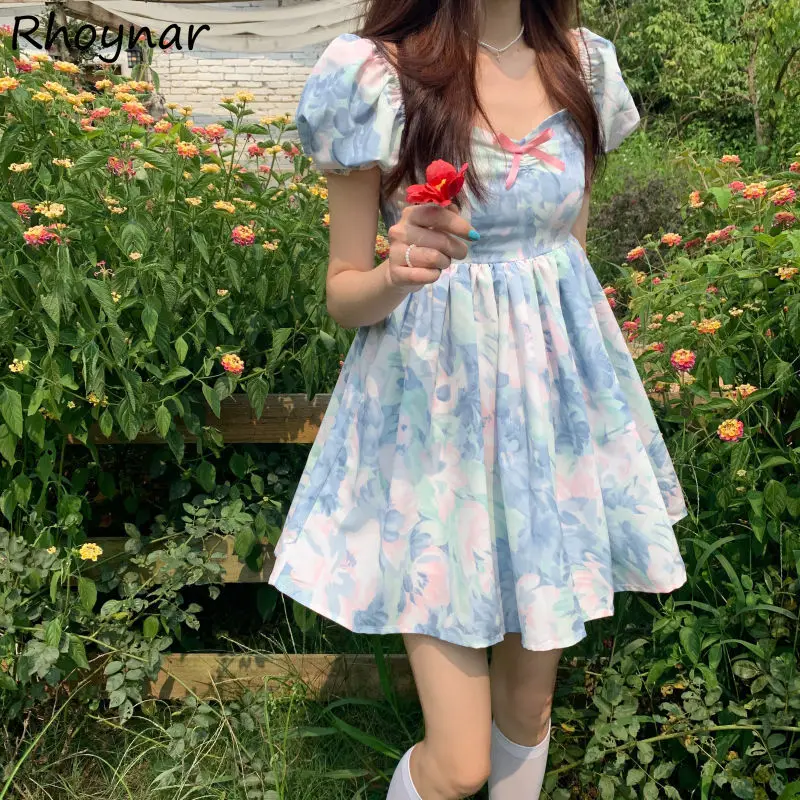 

Женское платье для отдыха, стильное темпераментное милое винтажное платье во французском стиле с цветочным принтом и пышными рукавами, уни...