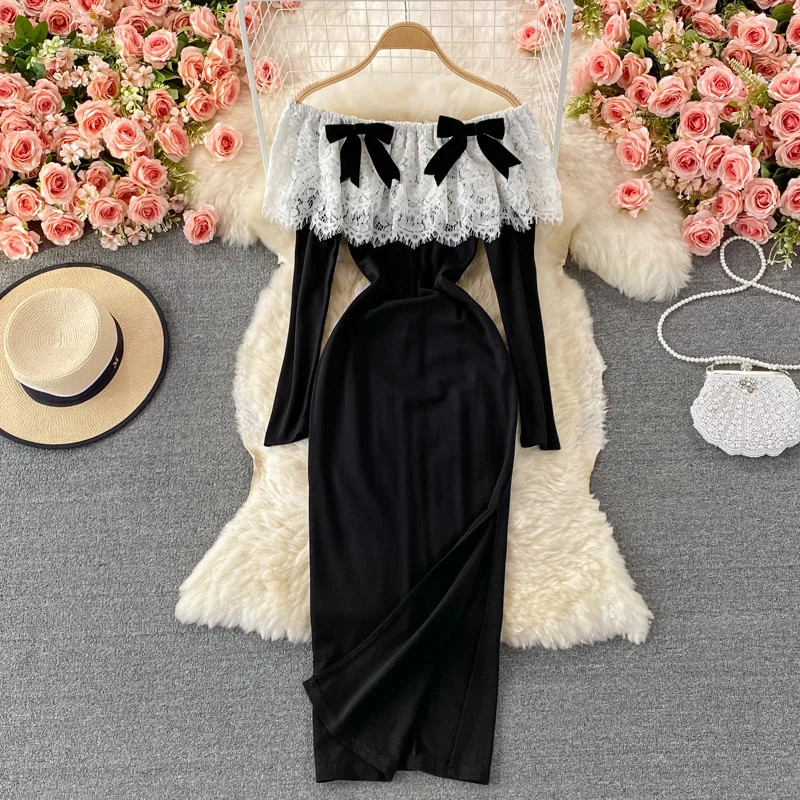 

Autumn sexy one shoulder off shoulder long sleeve lace stitching buttock dress elegant Celebrity split dress long dress