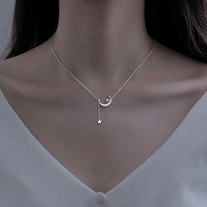 

xiaoboACC S925 Silver Necklace for Women Kirean Fasion Moon Pendant Women's Neck Chains Neck Chokers