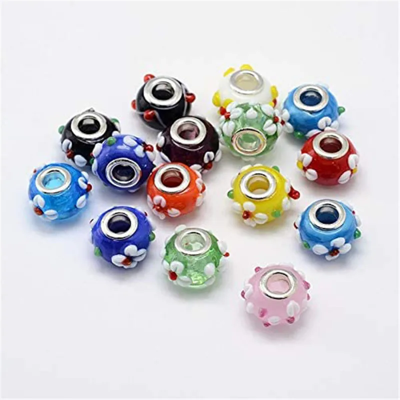 

10Pcs 3D Glass Flower Wholesale Lots Big Hole Rondelle Spacer Beads Charms Fit Pandora Bracelet Chain Necklace Women DIY Jewelry