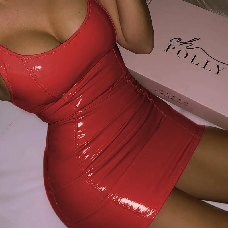 

Sleeveless Dress Hip Skirt Women's Clothing Summer New Solid Color Hedging Sexy PU Leather Nightclub Party Backless Sling Dress