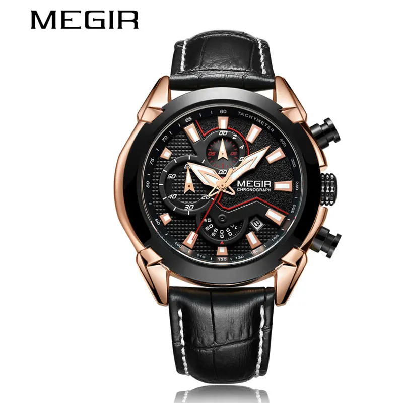 gold black MEGIR Топ бренд Роскошные мужские часы Militray Спортивные кварцевые мужские часы кожа водонепроницаемые мужские наручные часы Подарочная коробка - Цвет: gold black