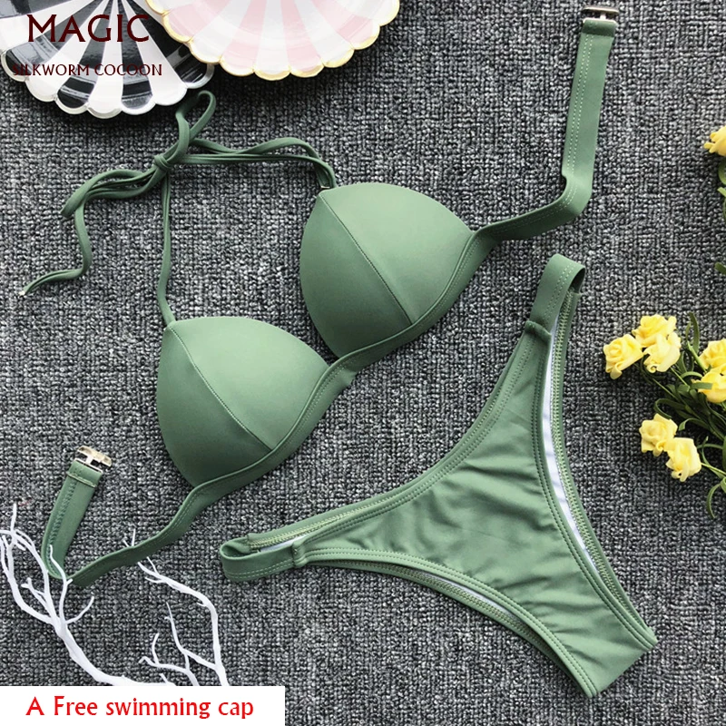 Однотонный комплект бикини 4 цветов пикантный с низкой талией жесткий пакет пуш