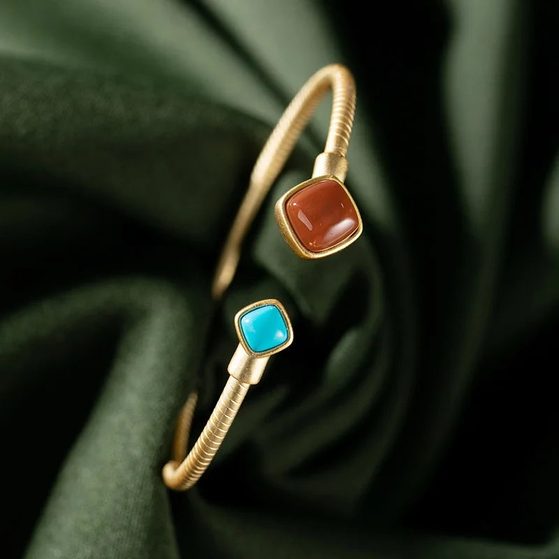 

S925 Sterling Silver Bangles Natural Red Agate Inlaid Turquoise Gold-Plated Women's Open Adjustable Bangles