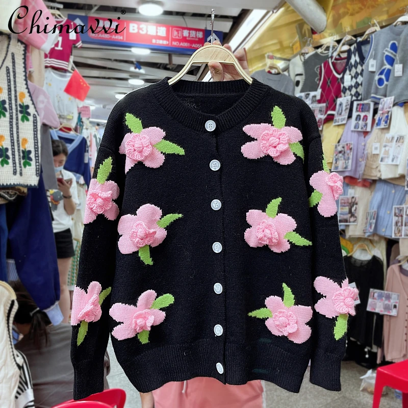 

2021 Autumn Sweet New Round Neck Knitted Cardigan Women's Three-Dimensional Embroidered Flower Outerwear Sweater Coat