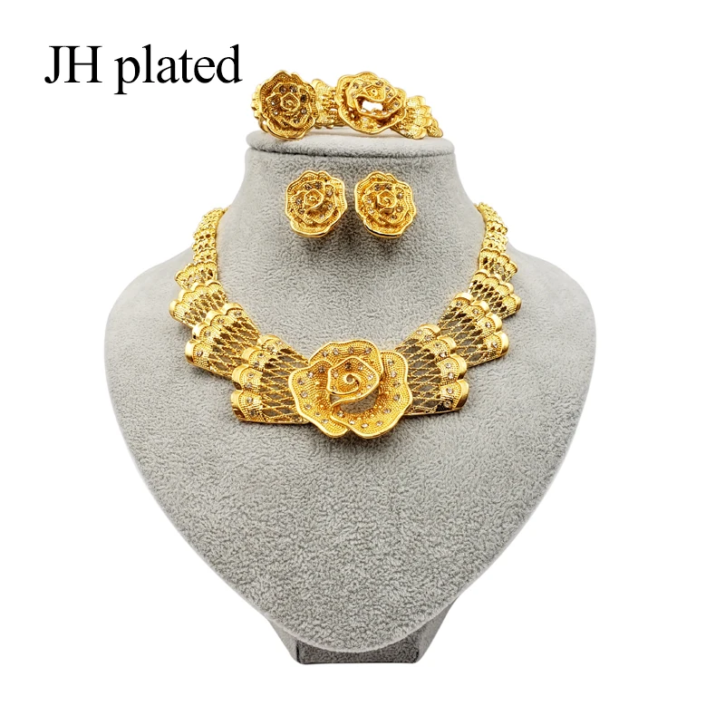 JHplated нигерийские Дубаи Модные Ювелирные наборы с цветами Африканские свадебные подарки вечерние для женщин украшение колье серьги кольцо