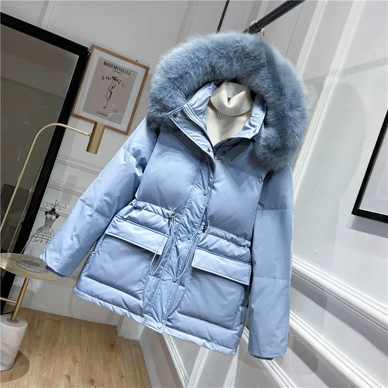 

2021 Women Winter New Slim White Duck Down Coats Female Real Fox Fur Collar Hooded Jacket Ladies Thick Warm Solid Outerwear Q434